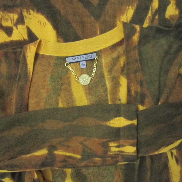 SILK CASHMERE Cardigan Sweater Knit Abstract Brown Gold Logo Button - Picture 7 of 10